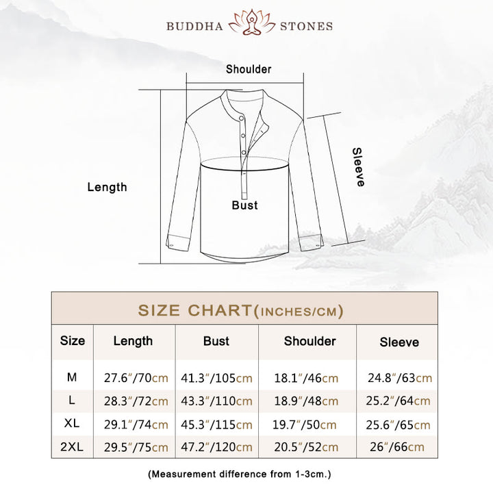 Buddha Stones Solid Color Long Sleeve Half Button Shirt Cotton Linen Men Clothing