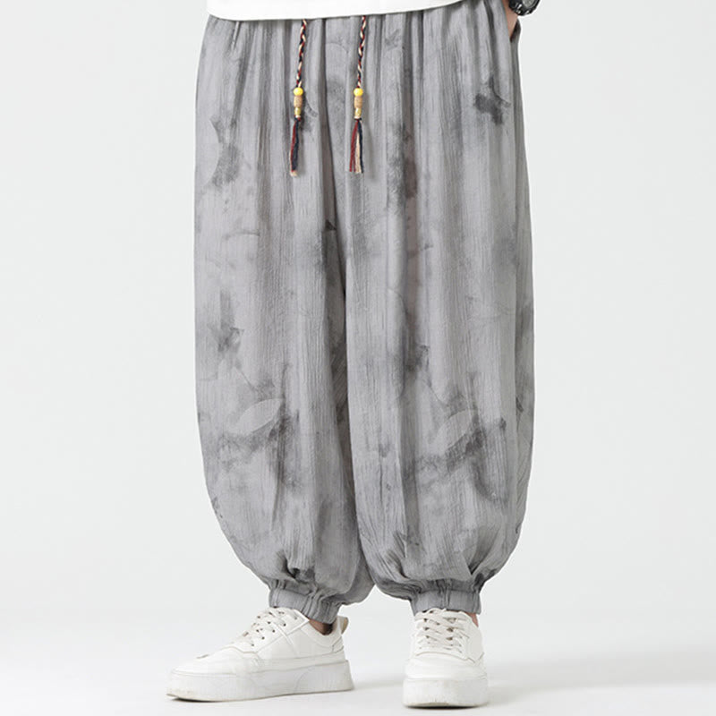 Buddha Stones Flower Sketch Braided Drawstring Linen Men's  Pants With Pockets