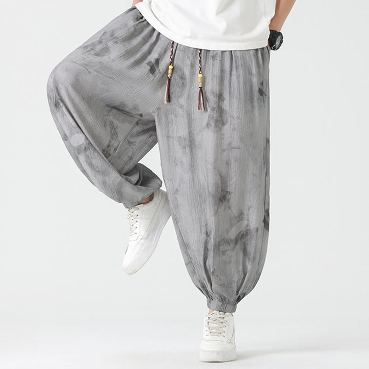 Buddha Stones Flower Sketch Braided Drawstring Linen Men's  Pants With Pockets