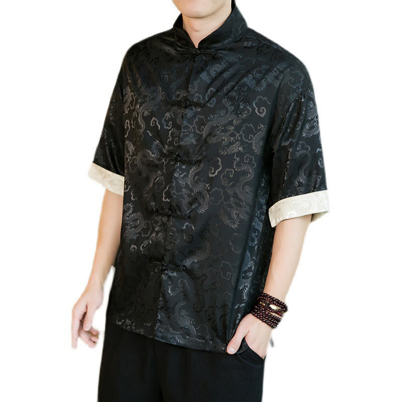 Buddha Stones Chinese Tang Suit Frog-button Dragon Print Men's Half Sleeve Shirts