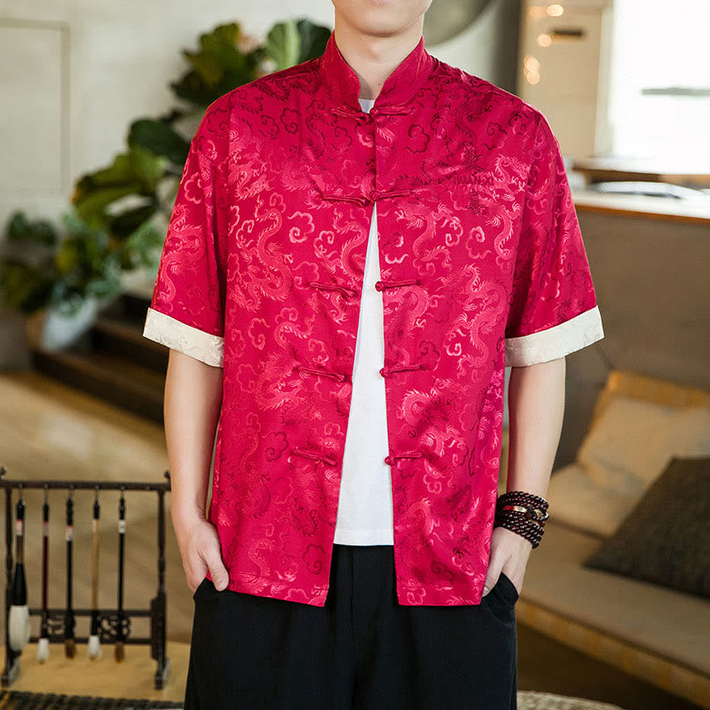 Buddha Stones Chinese Tang Suit Frog-button Dragon Print Men's Half Sleeve Shirts