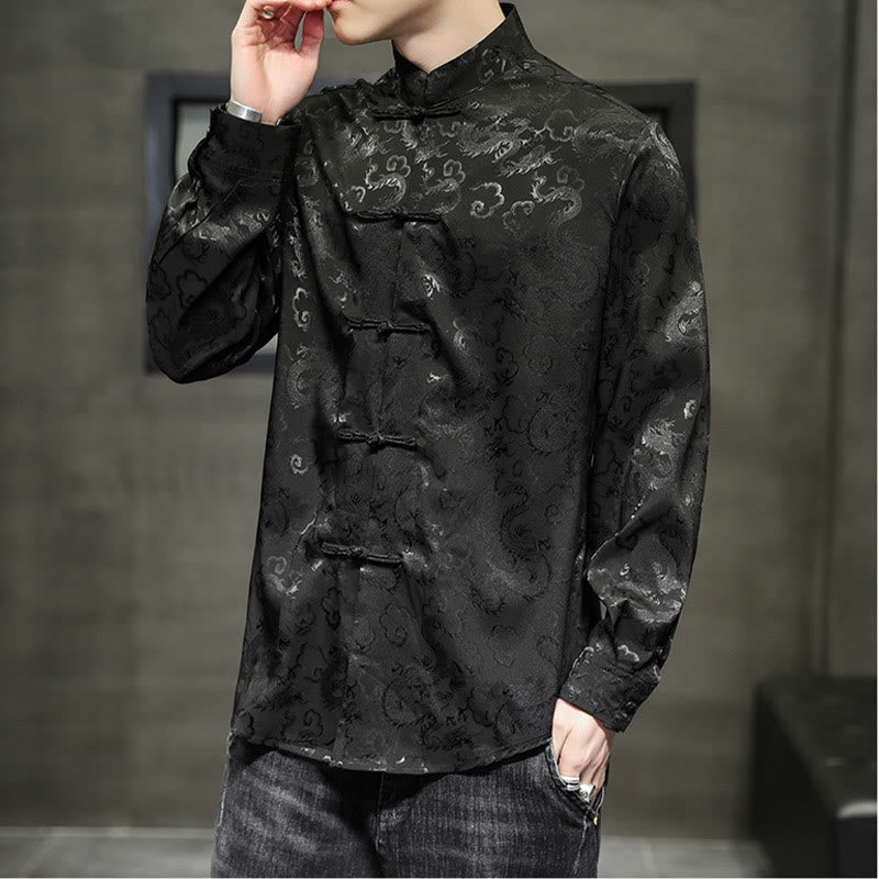 Buddha Stones Casual Dragon Pattern Frog-button Tang Suit Linen Men's Jacket Shirt