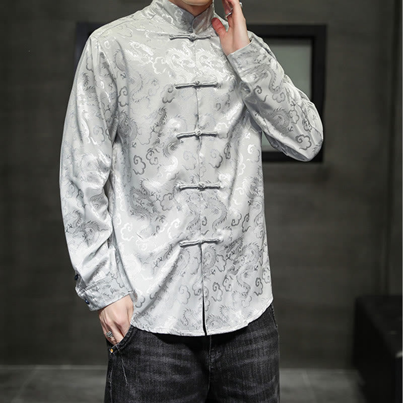 Buddha Stones Casual Dragon Pattern Frog-button Tang Suit Linen Men's Jacket Shirt