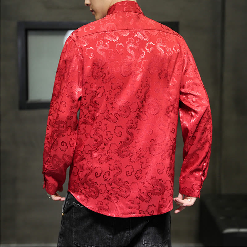 Buddha Stones Casual Dragon Pattern Frog-button Tang Suit Linen Men's Jacket Shirt