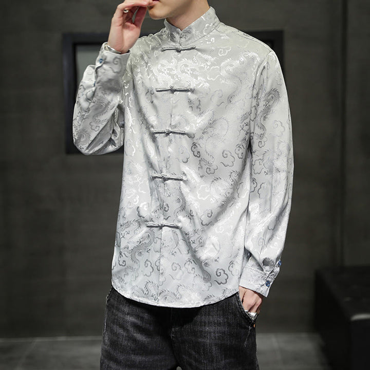 Buddha Stones Casual Dragon Pattern Frog-button Tang Suit Linen Men's Jacket Shirt - image 27