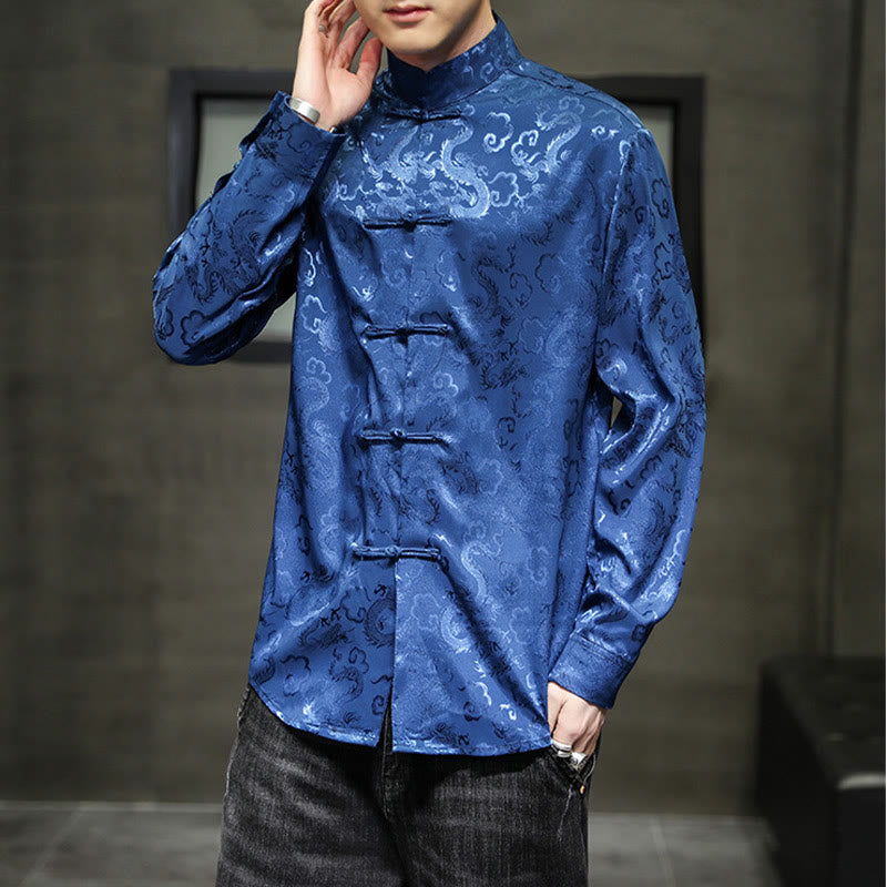 Buddha Stones Casual Dragon Pattern Frog-button Tang Suit Linen Men's Jacket Shirt