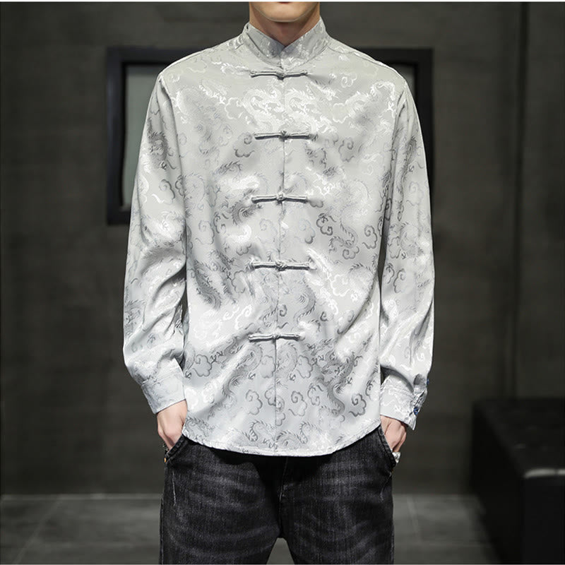 Buddha Stones Casual Dragon Pattern Frog-button Tang Suit Linen Men's Jacket Shirt