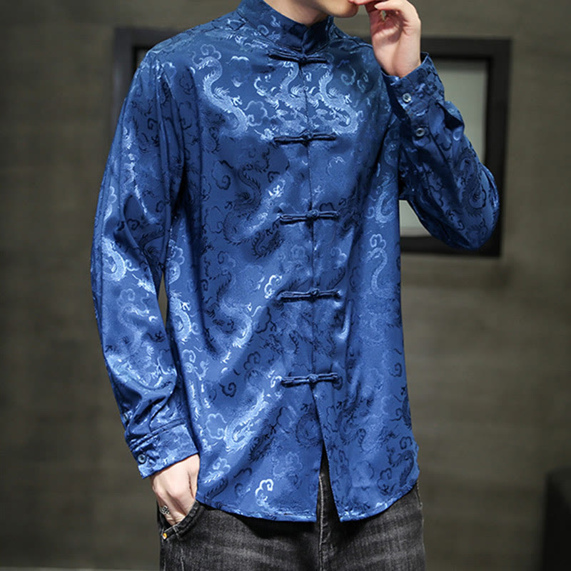 Buddha Stones Casual Dragon Pattern Frog-button Tang Suit Linen Men's Jacket Shirt