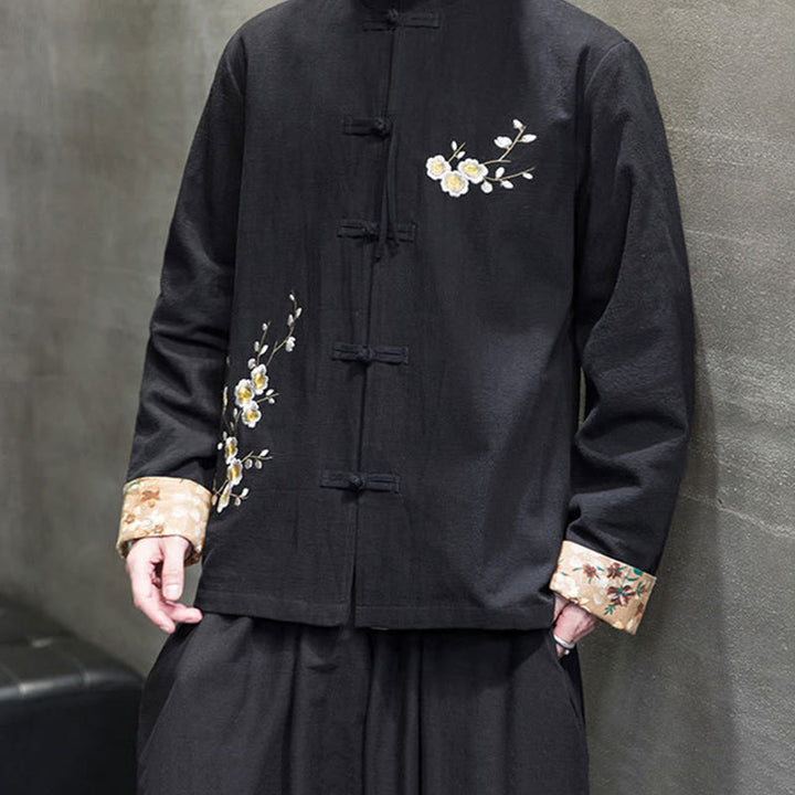 Buddha Stones Plum Blossom Embroidery Cuff Flower Design Frog-button Tang Suit Cotton Linen Men's Jacket Shirt  - image 6
