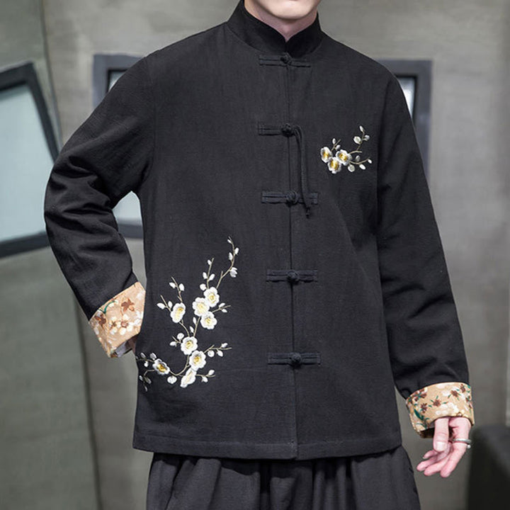 Buddha Stones Plum Blossom Embroidery Cuff Flower Design Frog-button Tang Suit Cotton Linen Men's Jacket Shirt  - image 5