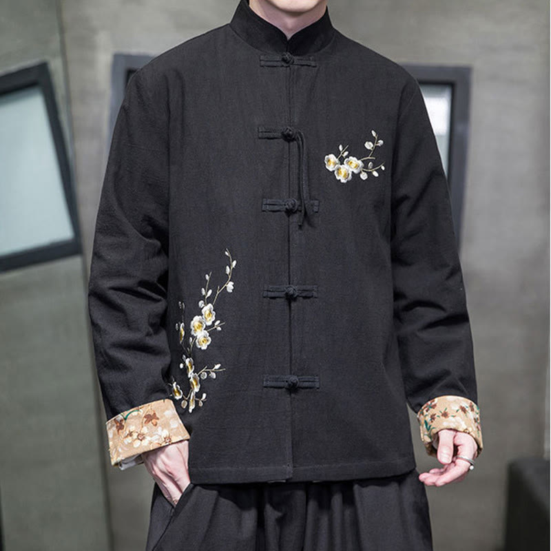 Buddha Stones Plum Blossom Embroidery Cuff Flower Design Frog-button Tang Suit Cotton Linen Men's Jacket Shirt  - image 0