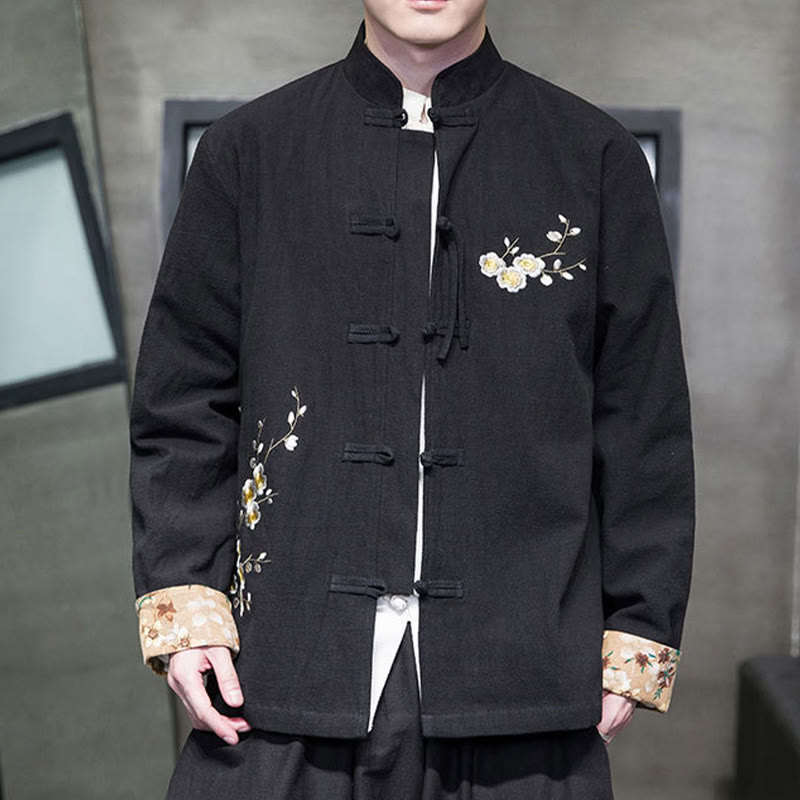 Buddha Stones Plum Blossom Embroidery Cuff Flower Design Frog-button Tang Suit Cotton Linen Men's Jacket Shirt  - Black - US/UK/AU46，EU56 (5XL) - image 1