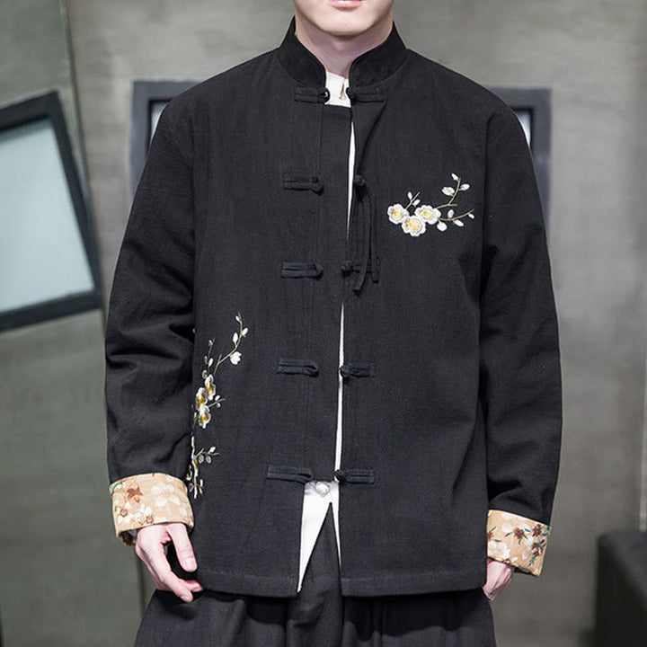 Buddha Stones Plum Blossom Embroidery Cuff Flower Design Frog-button Tang Suit Cotton Linen Men's Jacket Shirt  - Black - US/UK/AU46，EU56 (5XL) - image 1