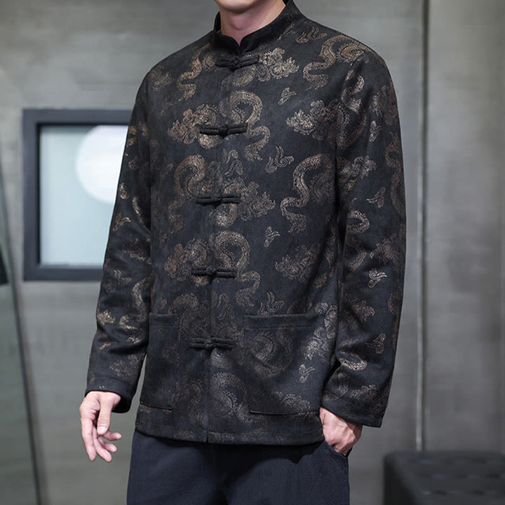 Buddha Stones Chinese Dragon Frog-button Tang Suit Cotton Men's Jacket Shirt With Pockets