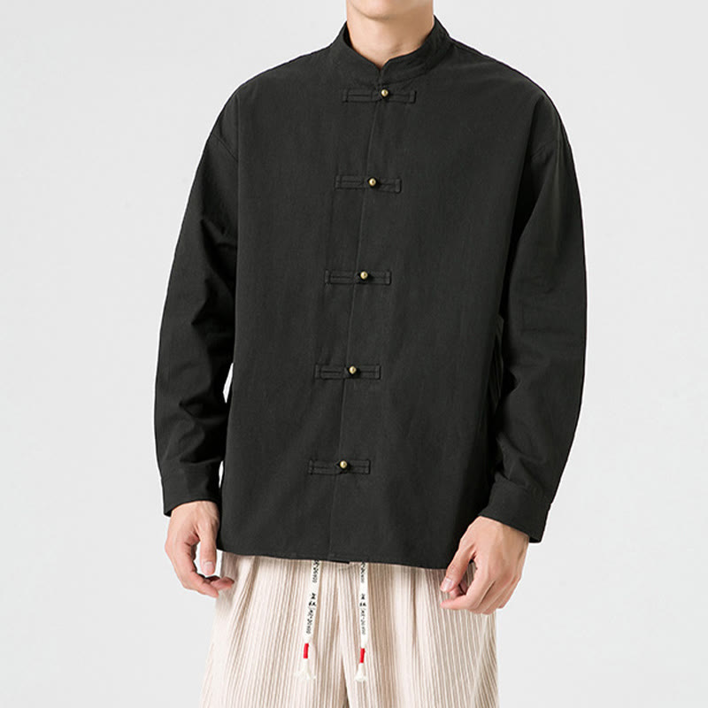 Buddha Stones Solid Color Frog-button Tang Suit Cotton Men's Jacket Shirt  - image 1