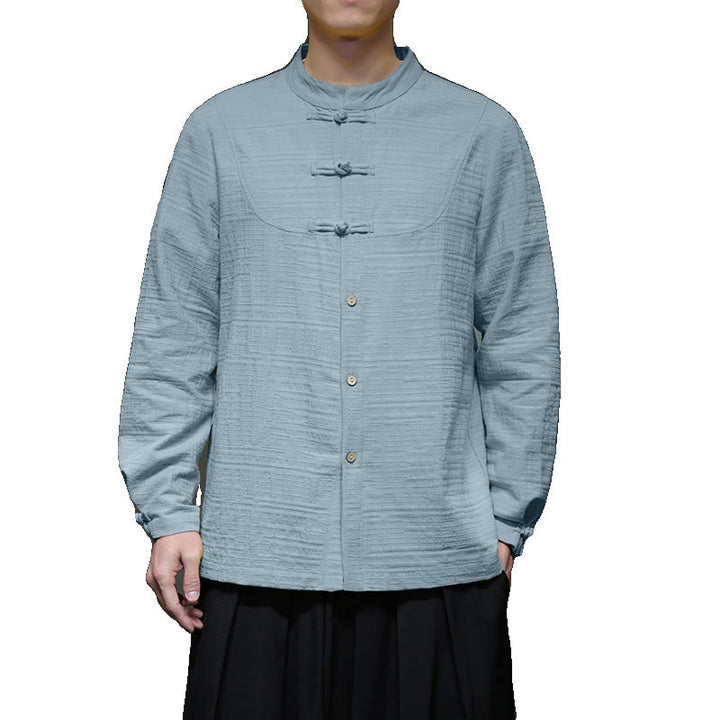 Buddha Stones Solid Color Half Frog-button Tang Suit Cotton Linen Men's Jacket Shirt  - image 7