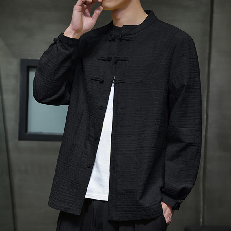 Buddha Stones Solid Color Half Frog-button Tang Suit Cotton Linen Men's Jacket Shirt  - image 21