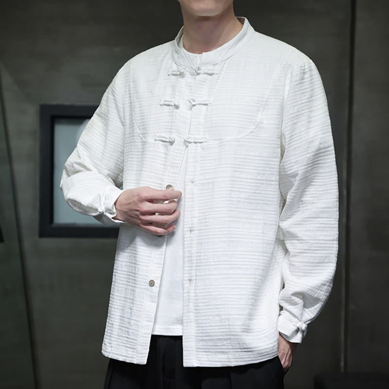 Buddha Stones Solid Color Half Frog-button Tang Suit Cotton Linen Men's Jacket Shirt  - White - US/UK/AU46，EU56 (5XL) - image 8