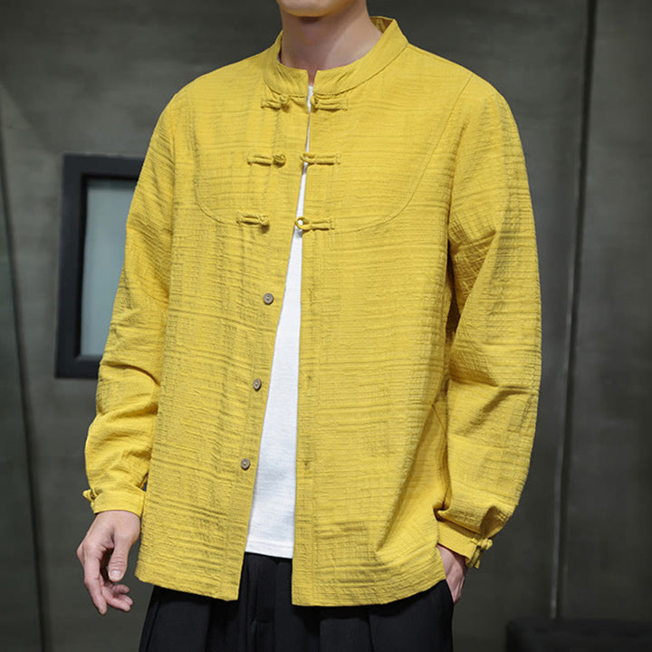 Buddha Stones Solid Color Half Frog-button Tang Suit Cotton Linen Men's Jacket Shirt  - image 31