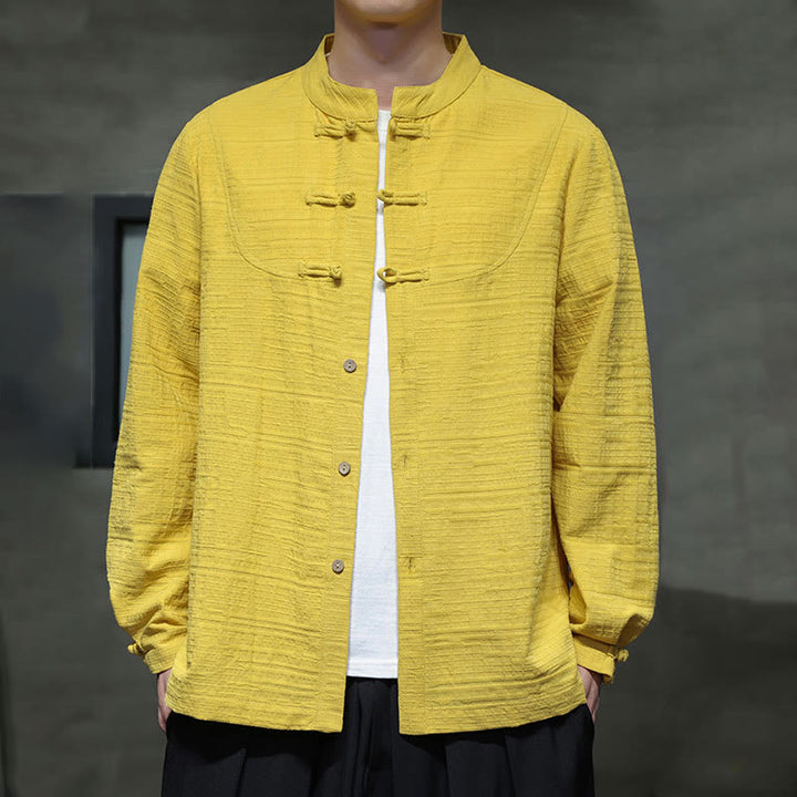 Buddha Stones Solid Color Half Frog-button Tang Suit Cotton Linen Men's Jacket Shirt  - Yellow - US/UK/AU46，EU56 (5XL) - image 24