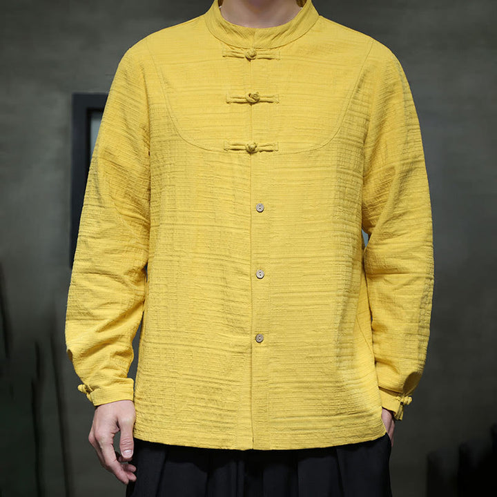 Buddha Stones Solid Color Half Frog-button Tang Suit Cotton Linen Men's Jacket Shirt  - image 25