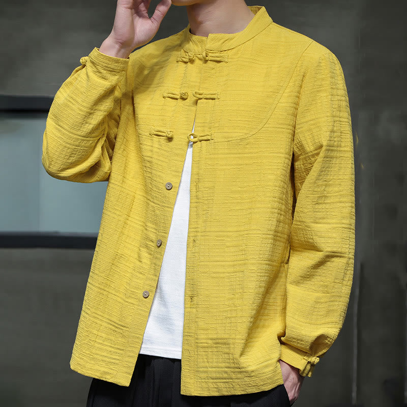 Buddha Stones Solid Color Half Frog-button Tang Suit Cotton Linen Men's Jacket Shirt  - image 30