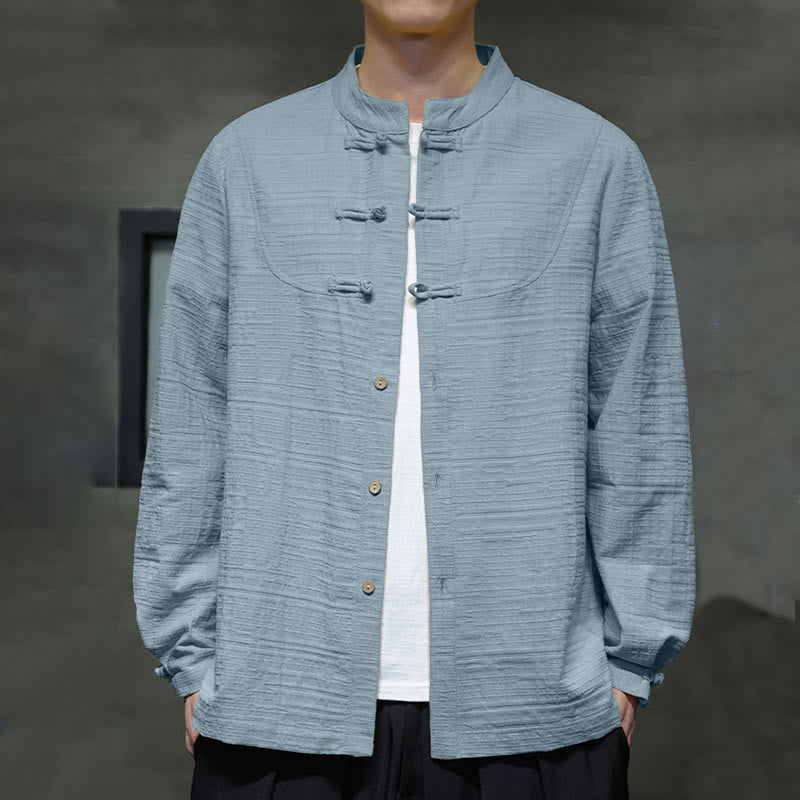 Buddha Stones Solid Color Half Frog-button Tang Suit Cotton Linen Men's Jacket Shirt  - image 1