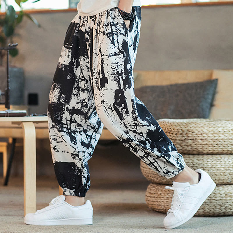 Buddha Stones Black White Ink Design Cotton Linen Drawstring Men's Harem Pants With Pockets - Black - US/UK/AU46，EU56 (5XL) - image 0