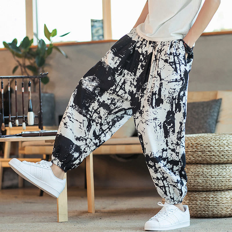 Buddha Stones Black White Ink Design Cotton Linen Drawstring Men's Harem Pants With Pockets - image 3