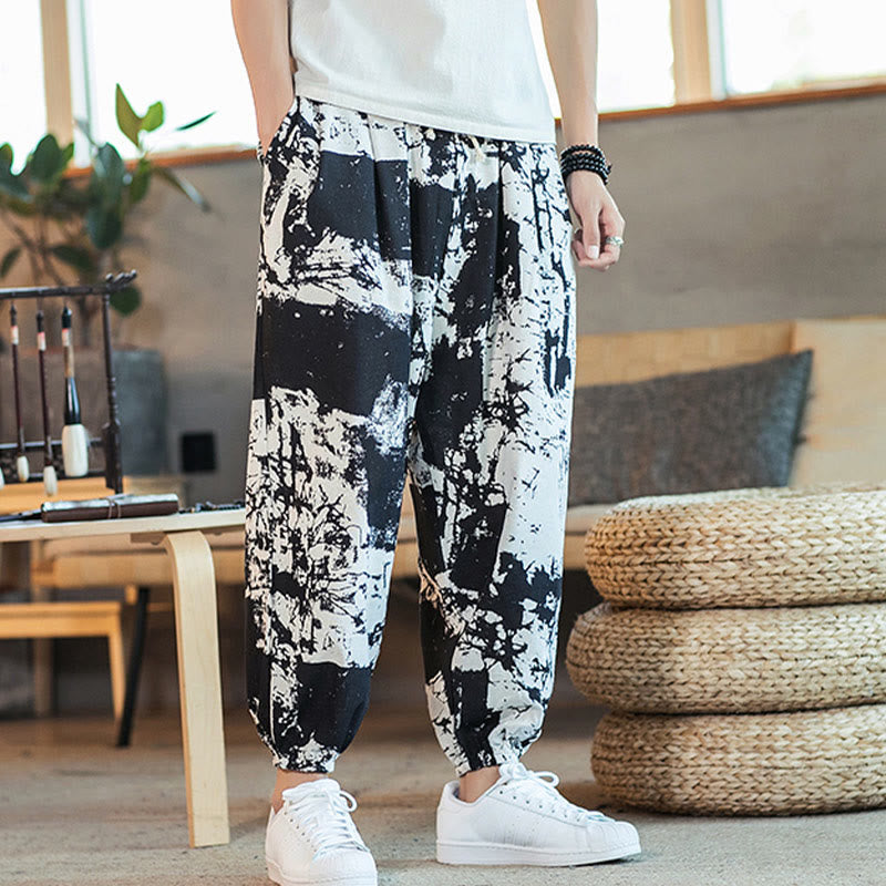 Buddha Stones Black White Ink Design Cotton Linen Drawstring Men's Harem Pants With Pockets - image 5