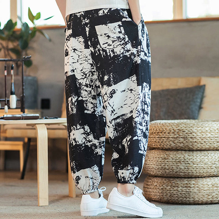 Buddha Stones Black White Ink Design Cotton Linen Drawstring Men's Harem Pants With Pockets