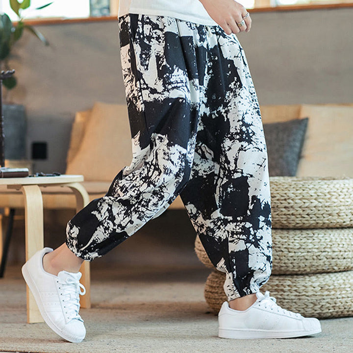 Buddha Stones Black White Ink Design Cotton Linen Drawstring Men's Harem Pants With Pockets - image 6