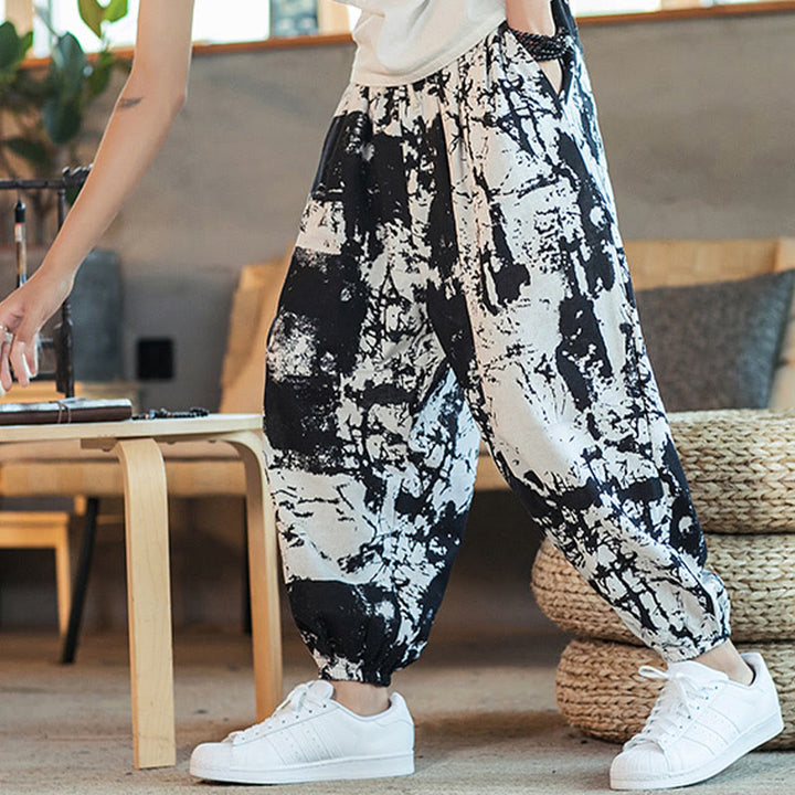 Buddha Stones Black White Ink Design Cotton Linen Drawstring Men's Harem Pants With Pockets - image 1