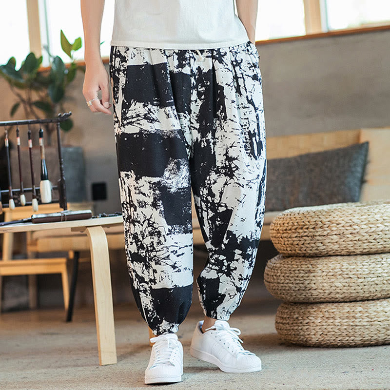 Buddha Stones Black White Ink Design Cotton Linen Drawstring Men's Harem Pants With Pockets - image 7