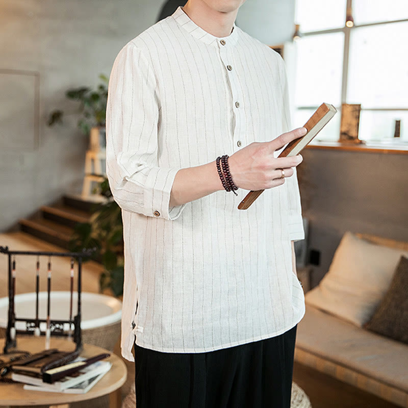 Buddha Stones Half Button Striped Three Quarter Sleeves Linen Men's Shirt - image 16