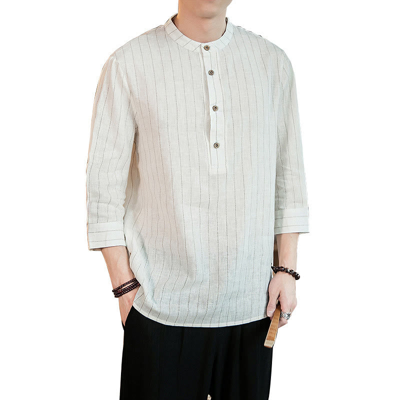 Buddha Stones Half Button Striped Three Quarter Sleeves Linen Men's Shirt - image 26