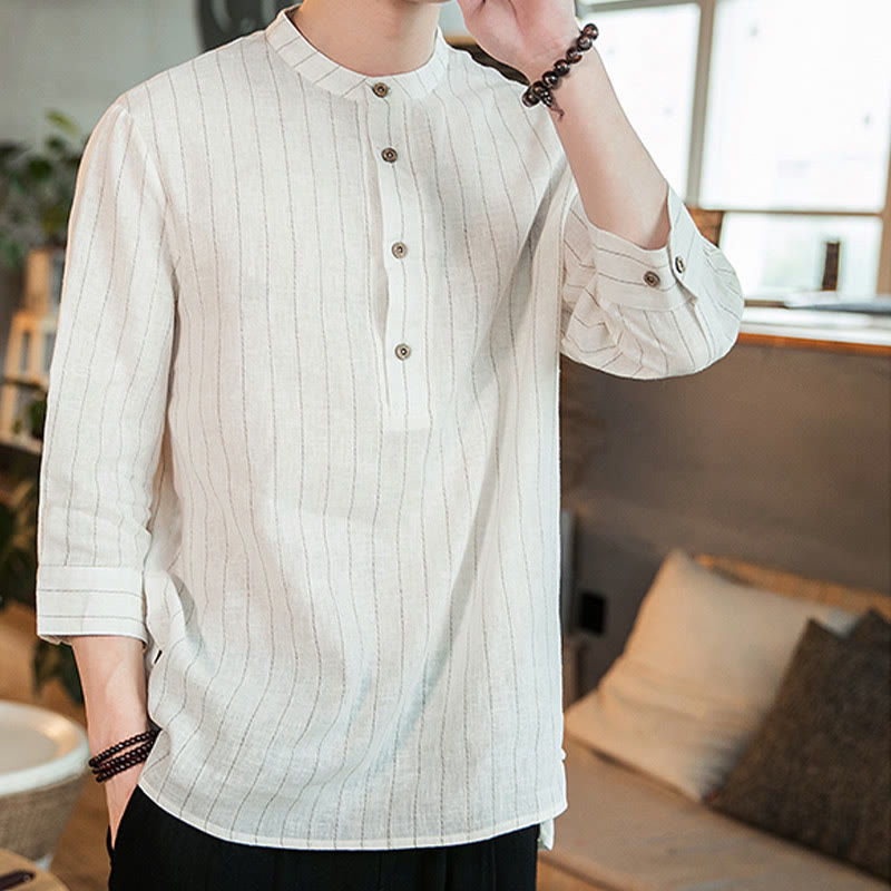 Buddha Stones Half Button Striped Three Quarter Sleeves Linen Men's Shirt