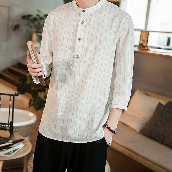 Buddha Stones Half Button Striped Three Quarter Sleeves Linen Men's Shirt - image 13