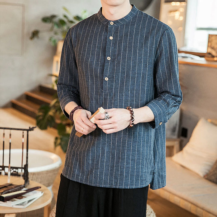 Buddha Stones Half Button Striped Three Quarter Sleeves Linen Men's Shirt