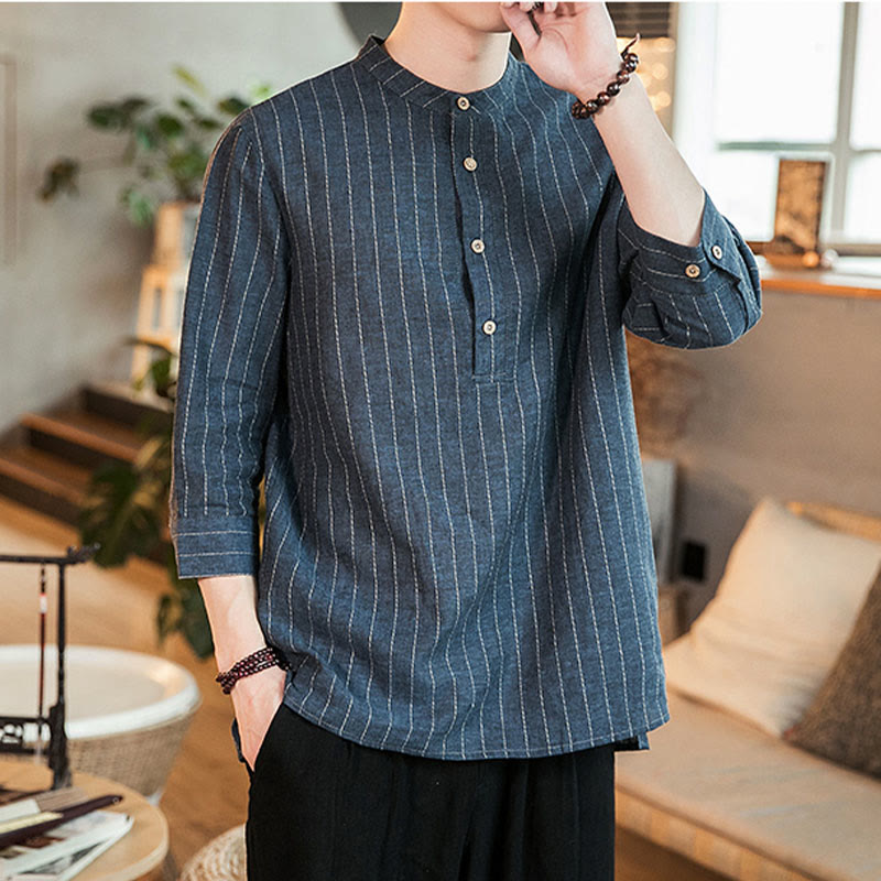 Buddha Stones Half Button Striped Three Quarter Sleeves Linen Men's Shirt - image 1