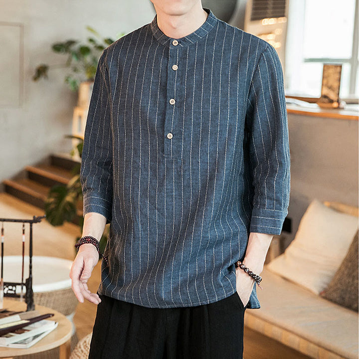 Buddha Stones Half Button Striped Three Quarter Sleeves Linen Men's Shirt - image 7