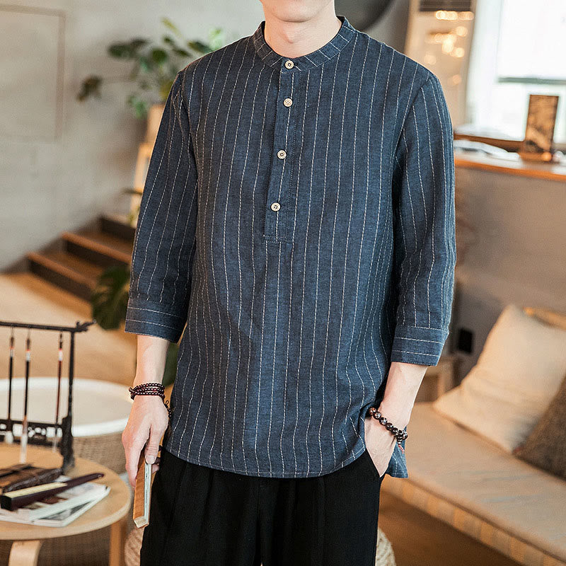 Buddha Stones Half Button Striped Three Quarter Sleeves Linen Men's Shirt - image 8