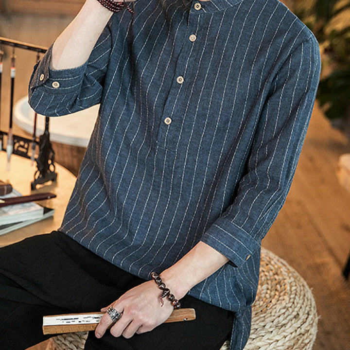 Buddha Stones Half Button Striped Three Quarter Sleeves Linen Men's Shirt - image 11