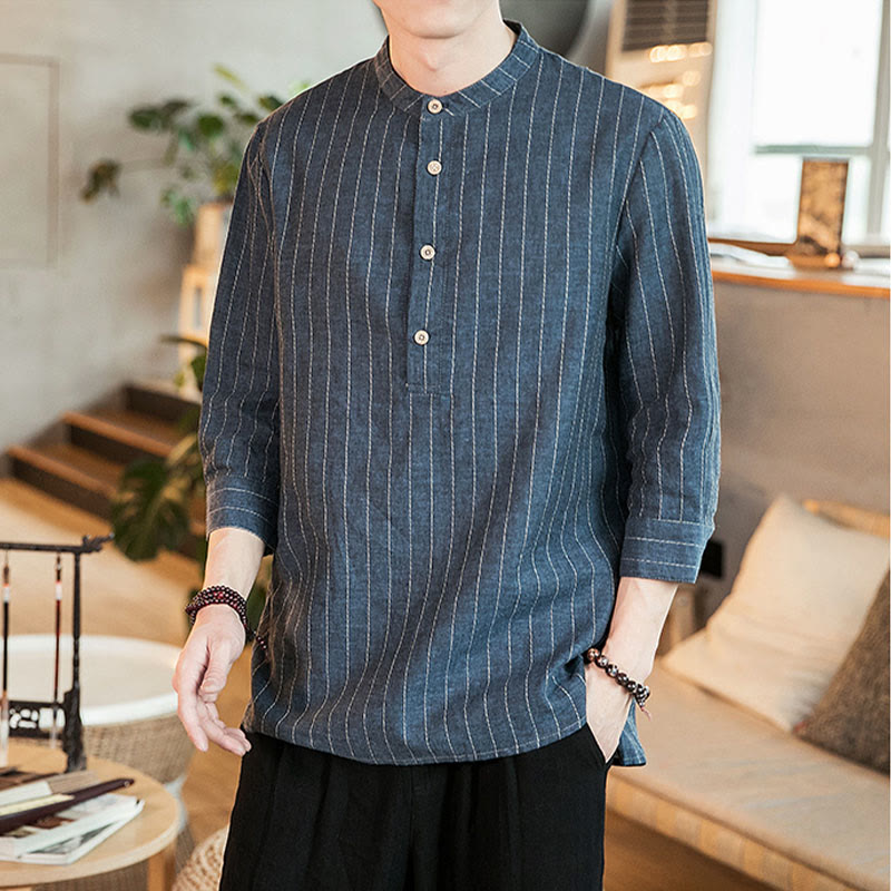 Buddha Stones Half Button Striped Three Quarter Sleeves Linen Men's Shirt