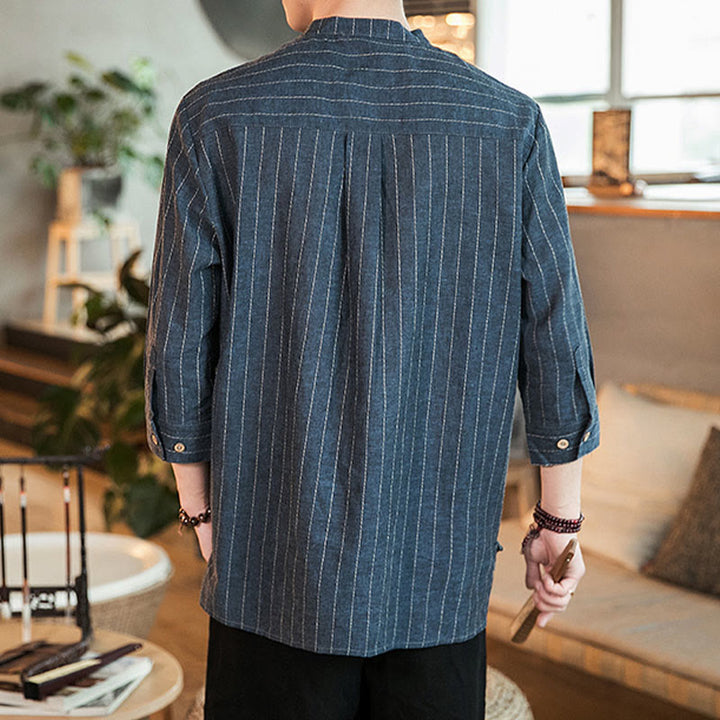 Buddha Stones Half Button Striped Three Quarter Sleeves Linen Men's Shirt