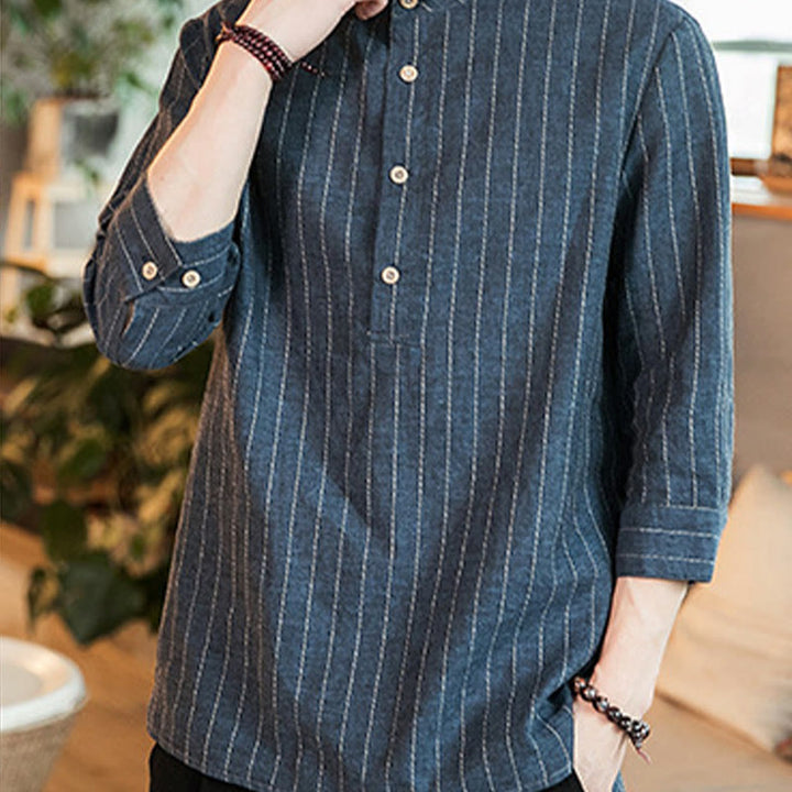 Buddha Stones Half Button Striped Three Quarter Sleeves Linen Men's Shirt