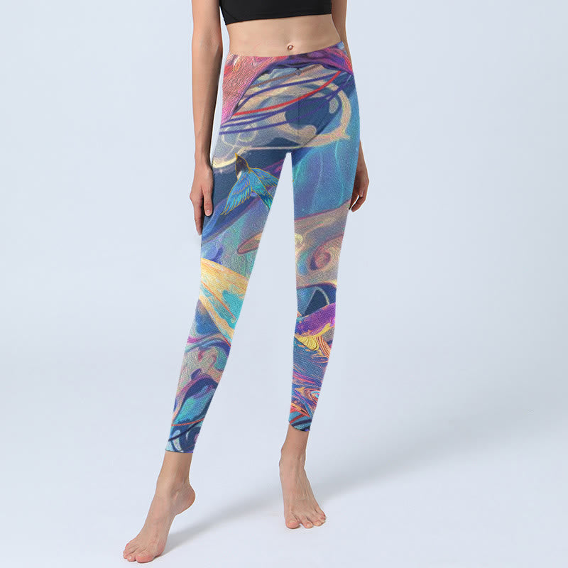 Buddha Stones Whales Swallows Waves Print Gym Leggings Women's Yoga Pants