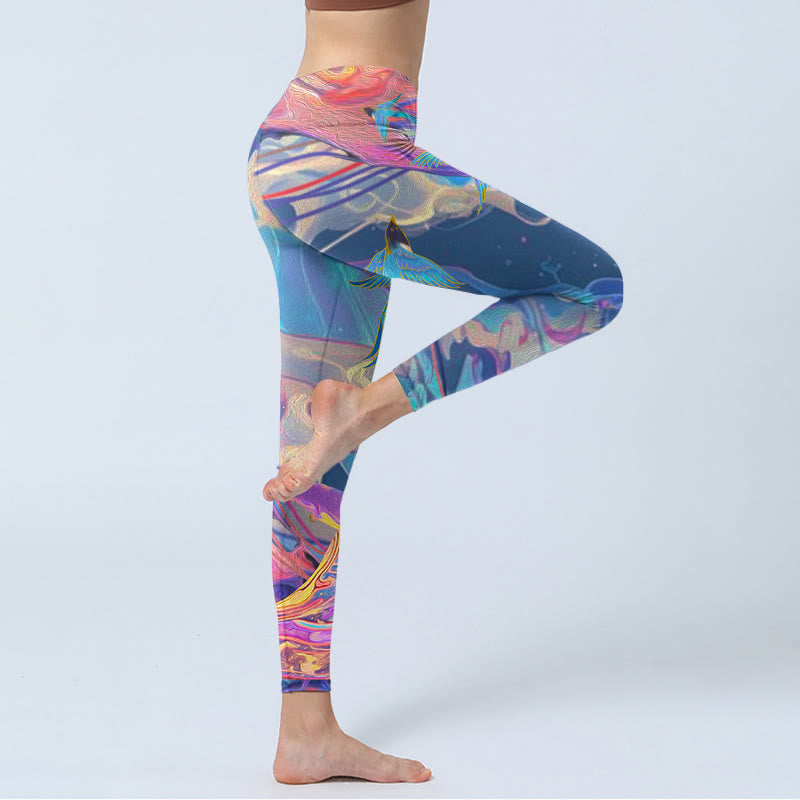 Buddha Stones Whales Swallows Waves Print Gym Leggings Women's Yoga Pants