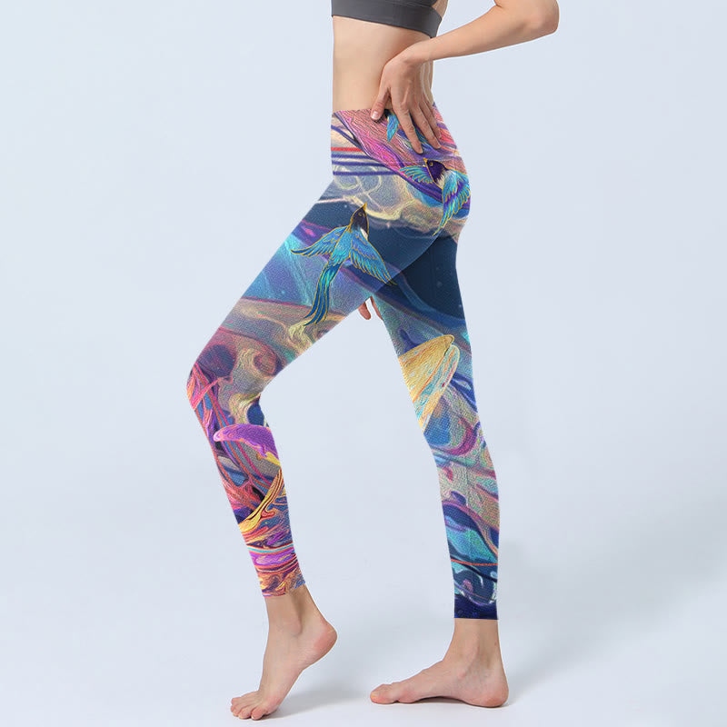 Buddha Stones Whales Swallows Waves Print Gym Leggings Women's Yoga Pants - image 2