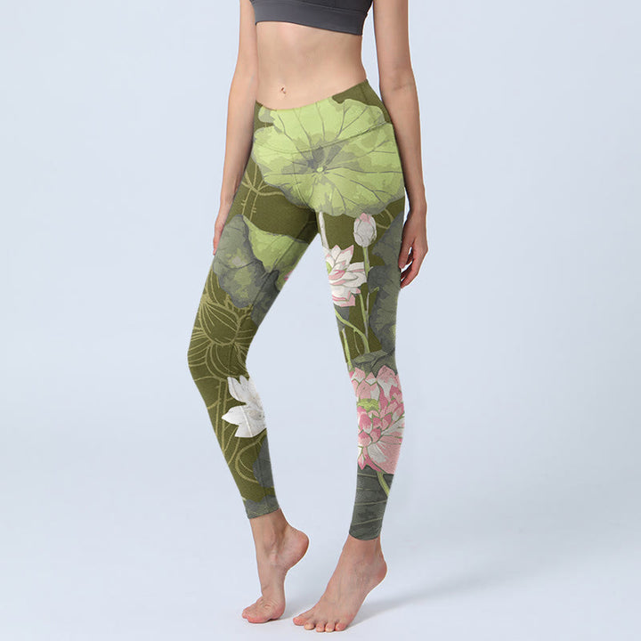 Buddha Stones Lotus Print Gym Leggings Women's Yoga Pants - OliveDrab - US18，UK/AU22，EU50 (4XL) - image 0